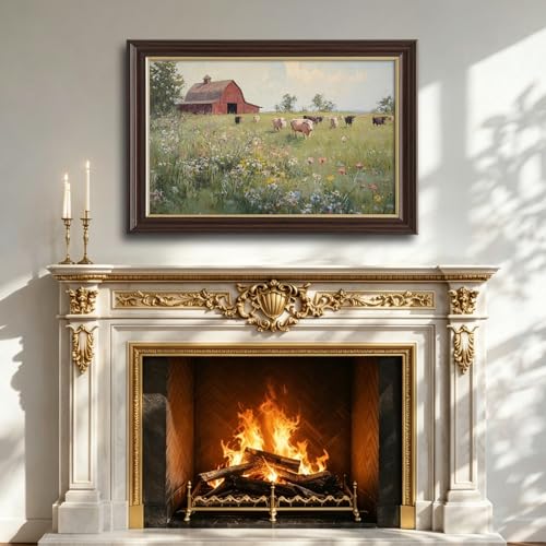 Image of Framed Vintage Cow Farm Canvas Art, Red Barn Meadow Cattle Oil Painting Canvas Prints Pictures, Rustic Farmhouse Wall Decor for Living Room Bedroom Farmhouse Home