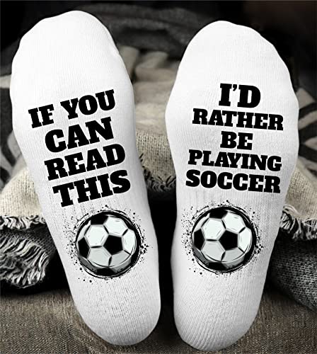 Funky Fun Socks With Sayings: Handcrafted Novelty Delights for All Ages, Versatile Sizing for Sizes 6-14, Exceptional Comfort & Durability, If You Can Read This Collection- I'd Rather be Playing Socc2