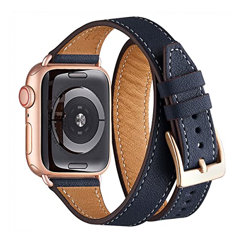 Buy 1 get 1 🔥 Bestig Band Compatible for Apple Watch 38mm 40mm 41mm, Genuine Leather Double Tour Designed Slim iwatch Strap for iWatch Series 7 6 SE 5 4 3 2 1 (DarkBlue Band+Rosegold Connector)