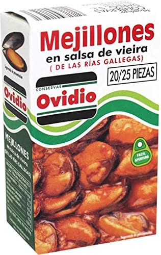 Mejillones en Salsa de Vieira Ovidio de las Rias Gallegas 20/25 piezas Peso Neto 115 gr.(Pack de 3 latas)