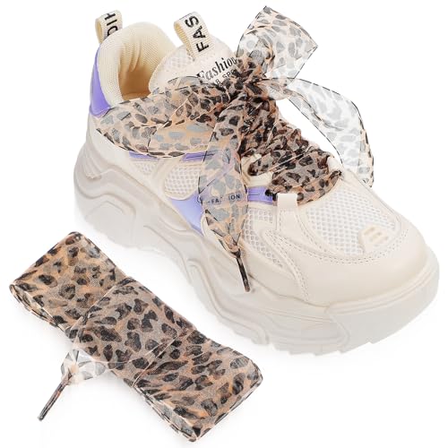 PASOLABE Leopard Print Shoe Laces for Sneakers, 2 Pairs Leopard Ribbon Shoelaces Replacement Cheetah Shoe Laces Leopard Shoelaces for Women (4CM Wide)