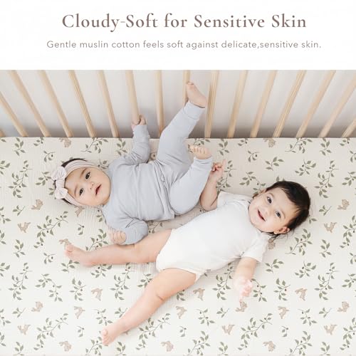 Image of Konssy Muslin Crib Sheets 2 PCS, 100% Cotton Baby Crib Sheets for Standard Crib Mattress (28 inchx 52 inch), Soft and Breathable for Boys, Girls (Rabbit,Fog Green)