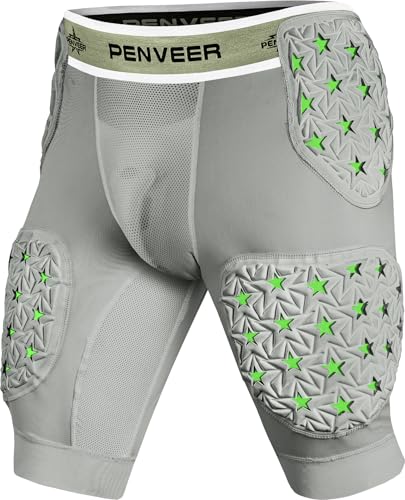 Penveer 5-Pad Adult Football Girdle for Men with Cup Pocket - 2-Tone Integrated Hip, Thigh & Tailbone Pads for Maximum Protection, Men's Padded Compression Shorts (Grey, AS)