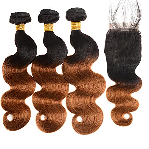 Ombre Bundles With Closure 3 Bundles With Closure Brazilian Human Hair Body Wave 100% Virgin Human Hair Bundles With Closure T1b30 Color (20 22 24+18 closure) …
