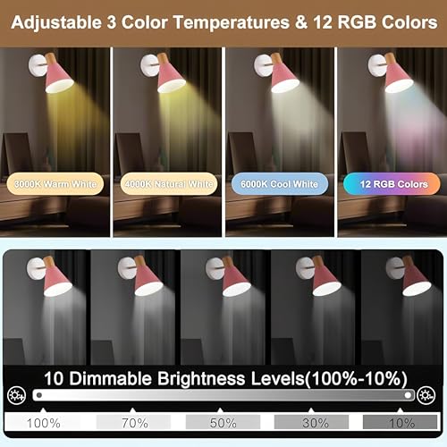 Image of Battery Operated Wall Sconces Lighting Set of 2, Adjustable Wireless Wall Lamp, Cordless Wall Lighting with Remote and Dimmable Rechargeable Bulbs for Bedroom Living Room (Pink)