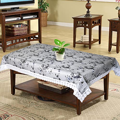 Image of Kuber Industries Flower Printed PVC 4 Seater Center Table Cover Protector With White Lace Border 40 inchx60 inch (Grey)