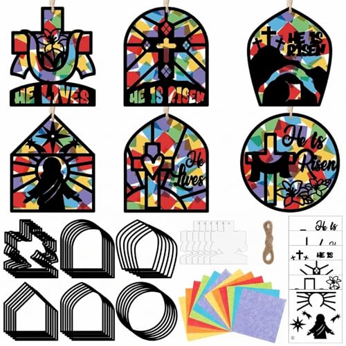 Feifeiya 24 Set Easter Suncatchers Crafts DIY Christian Paper Cross Kit He is Risen Craft Jesus Religious DIY Hanging Decor Window Art Activity Gifts for Sunday School VBS Church Decoration