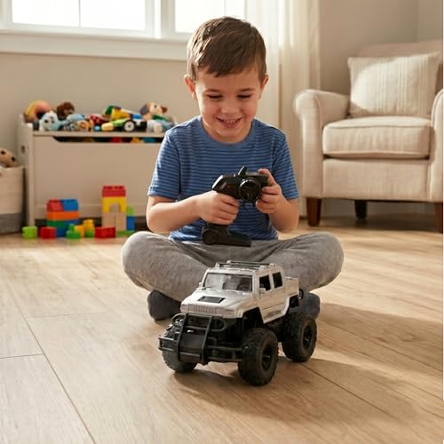 Image of Amazon Brand - Jam & Honey Off Roader Rechargeable Remote Control Car | RC Monster Truck with LED Headlights, Type-C Charging, Anti-Skid Tyres, 120 Ft Range | 2.4GHz Remote Controller (MT507) (Silver)
