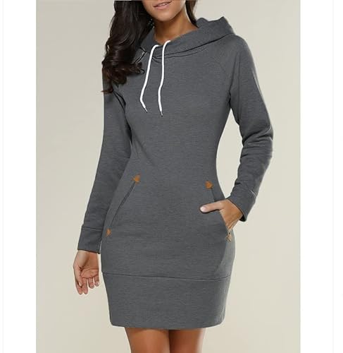 Vestido de moletom feminino com capuz e bolsos laterais com cordão térmico (cinza escuro,M)