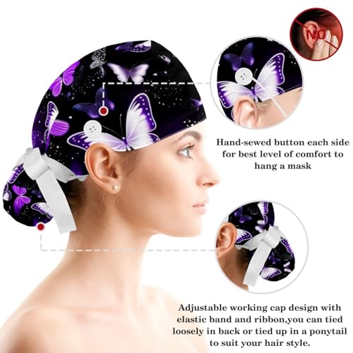 Image of Butterfly Scrub Cap Women with Ponytail & Buttons Adjustable Surgical Nurse Hat with Cotton Sweatband for Long Hair