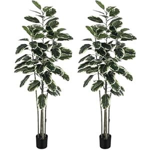 Jexine 2 Pack Artificial Rubber Tree Plants Indoor 6 ft Tall Faux Potted Ficus Tree Fake Large Rubber Artificial House Floor Plants for Indoor Outdoor Home Office Decor