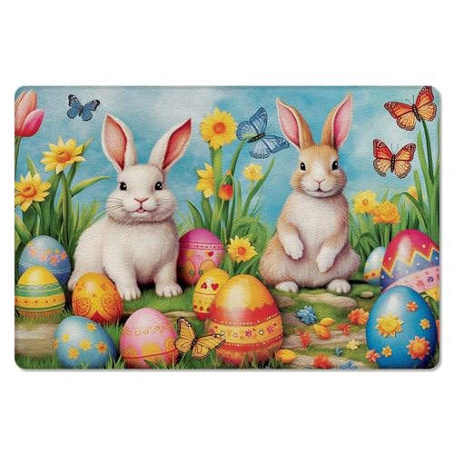 Easter Rabbits Kitchen Bath Door Mat Cushioned Runner Rug,Washable Welcome Floor Sink Antifatigue Mat,Waterproof & Non-Slip Comfort Standing Doormat,Easter Bunny Egg Watercolor Floral 18