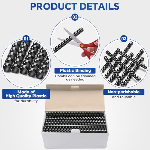 MYFULLY 100 Pack 21 Ring Plastic Comb Binding Spines | 1/2 Inch Diameter, 65 Sheet Capacity, A4, Black Binding Comb (1/2\" (65 Sheet Capacity)) - Thumbnail 4