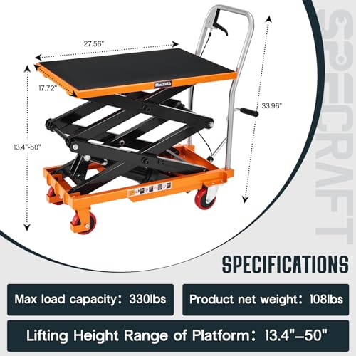 Specraft 330 lbs Hydraulic Lift Cart, Double Scissor Lift Table Up to 50\", 4-Wheel Material Handling Platform with Non-Slip Pad, Orange