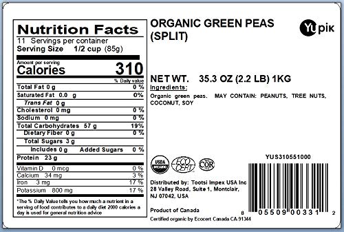 Yupik Organic Split Green Peas, 2.2 lb, Non-GMO, Vegan, Gluten-Free