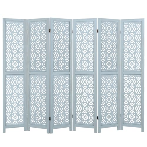Giantex Room Divider 6 Panels - Boho Room Dividers with Carved Cutout Pattern & Solid Wood Frame, Fully Assembled, 65'' Folding Privacy Screen Partition Wall Divider for Room Separation, Light Blue
