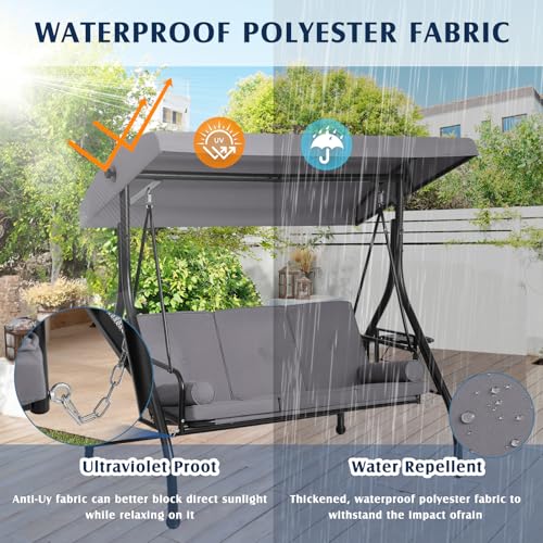 Image of Grepatio Outdoor Porch Swing with Canopy and Stand, 3 Person Patio Swing for Adults, Convertible 2 in 1 Porch Bed Swing with Cup Holder, 3 Seat Swings with 2 Pillow Cushions for Garden, Yard (Grey)