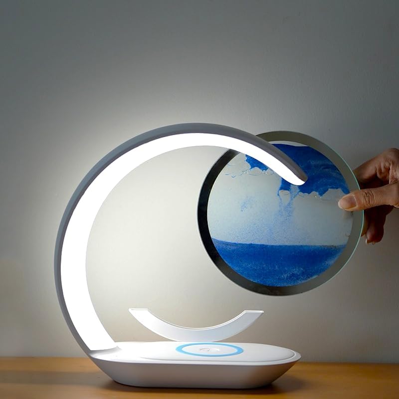 Night Lamp Moving Sand Art - Decor Room Lamp -Wireless LED Light - Moving Lamp with Led Motion - Kids Decoration with Wireless Charge- Hourglass Sand Orange, Modern Table Sand Art