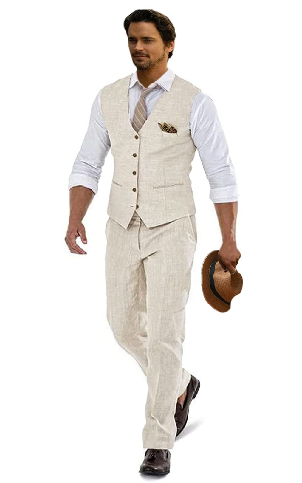 Photo 1 of Furuyal Linen Suits for Men Casual Wedding Suits Men 2 Piece Suits Groomsmen Tuxedos Summer Beach Prom Vest and Pants Set Medium Beige