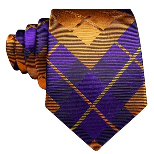 Image of Barry.Wang Tie Sets for Men Plaid Necktie Set Woven Pocket Square Cufflinks Handkerchief Cufflinks Party Wedding, Prussian Blue Orange