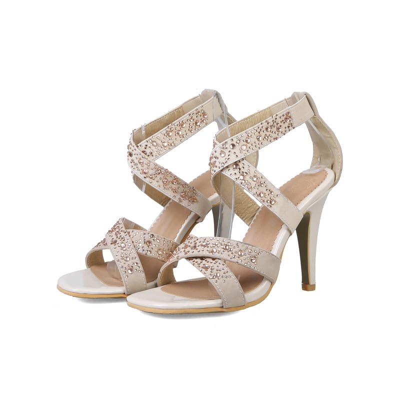 Sandali da donna Peep Toe Slip-On Stiletto Super High Heel con cristalli da 10 cm plus size za22-01, beige., 37 EU