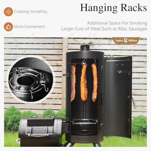 Image of Sophia & William Heavy-Duty Vertical Offset Charcoal Smoker Extra Large Outdoor BBQ Gill with Offset Smoker, 961 SQ.IN. Cooking Area with Warming Tray,Push-out Ash Tray for Event Gathering, Black