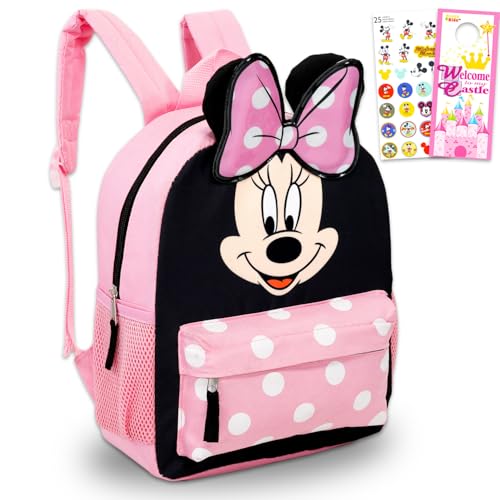 Disney Minnie Mouse Backpack for Girls Toddlers Kids - Bundle with 12' Preschool Toddler Backpack with Ears, Bow, and Stickers (Minnie Mouse School...