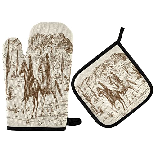 Kcldeci American Wild Western Desert Cowboy Oven Mitts and Pot Holders Kitchen Oven Glove BBQ Gloves for Cooking/Kitchen/Baking, Pack of 2