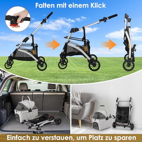 MAMIZO Hundebuggy 3 in1 Hundewagen Hundebox Transporttasche,Faltbar klappbar Katzenwagen,Bis 20kg,4 PCS 360° Verschleißfeste Gummiräder, Ablagekorb, Getränkehalter,für kleine Hunde Katz, Silber grau