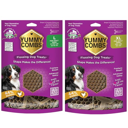 Yummy Combs Dog Dental Treats – Vet VOHC Approved – Delicious Chicken Protein – Removes Tartar with Cleaning Comb Shape – Large and Extra Large 12oz
