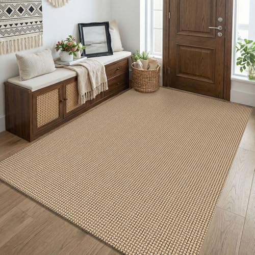 KOZYFLY Boho Washable 4x5 Entry Woven Area Rug Braided Throw Rugs for Entryway Non Slip Door Mat Indoor Entrance Farmhouse Carpet for Foyer Bedroom Dining Office Orange Beige/Tan/Brown