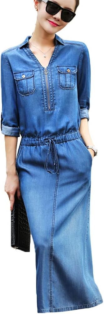 長袖 中袖 テンセルデニム ドレス 春と秋のドレス 春のファッションスカート デニムドレス