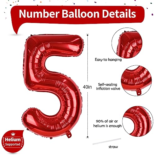 Image of 40 Inch Red Number Balloons, Giant Foil Number 5 Balloons for Girls Boys 5th Birthday, 0-9 Set Balloon for Women Men 25th Birtyday Party Decoration Christmas Anniversary Graduation Decoration Supplies
