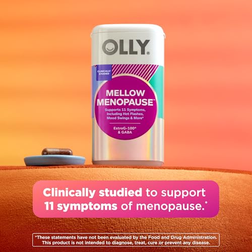 Image of OLLY Mellow Menopause Supplements for Women, Supports Hot Flashes, Vaginal Dryness & Occasional Mood Swings,* Estro-G100, GABA, Vegan Capsules, 1 Month Supply - 30 Count