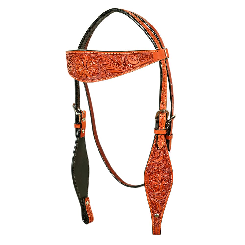 HILASON Western Horse Headstall & Breast Collar Set - Genuine American Leather Floral Tooling In Mahogany