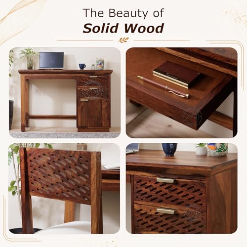 Image of NSH Solid Sheesham Wood Study Table with Chair | Wooden Writing Desk with Drawer & Door Storage | Pre-Assembled Computer Desk Workstation for Home Office & Study Room | Honey Finish