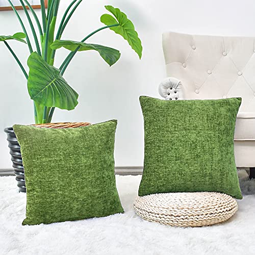 Image of CaliTime Pack of 2 Cozy Throw Pillow Covers Cases for Couch Sofa Home Decoration Solid Dyed Soft Chenille 12 X 12 Inches Forest Green