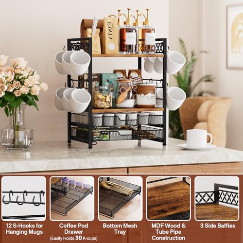 Plaviya Coffee Bar Station Organizer, 4 Tier K Cup Organizer Mug Holder with 12 Hooks, Coffee Pod Holder, Multifunctional Countertop Organizer for Kitchen - Image 5