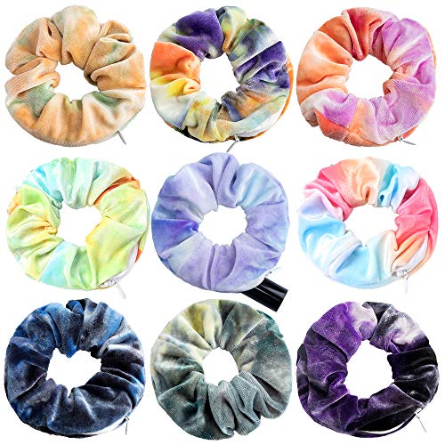 9 Pcs Velvet Scrunchies with Hidden Zipper Pocket Gradient Color Elastic Zipper Scrunchies Hair Ties Hair Bands Ponytail Holder for Women Magic Accessories Set Stash Keys,Coin,Small Items