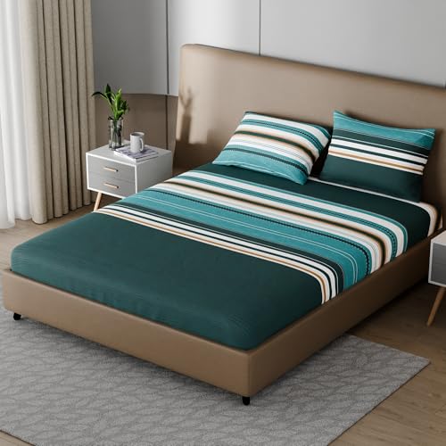 Image of BLISSHOME SoftTouch 150TC Cotton King Size Fitted Bedsheet with 2 Pillow Covers, Silky Smooth Bedding Set, Breathable, Easy Maintain, Geometric Pattern - Green (183cm x 198cm + 25cm Drop)