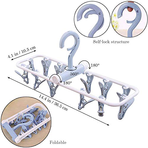 Clothes Drying Racks Folding Portable underwear hangers with clips Small Clip Drip Hanger 2 Pack Socks Hanger with 12 Clips 360° Rotatable Hook, Hanger for Drying Towels Bras Baby Clothes Gloves Plast