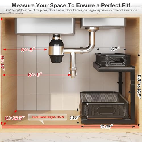 Image of 2-Pack 21.3 IN Depth Under Sink Organizer With Next-Gen Ball-Bearing Slides,Sophisticated Mesh 2-Tier Pull Out Shelf for Kitchen & Bathroom,Fits Small Items-Black