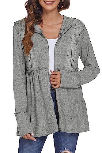DEESHA Full Zip Up Hoodie for Women Pleated Tiered Ruffle Hooded Sweatshirts Jacket Coat Long Sleeve(Pink, Medium)