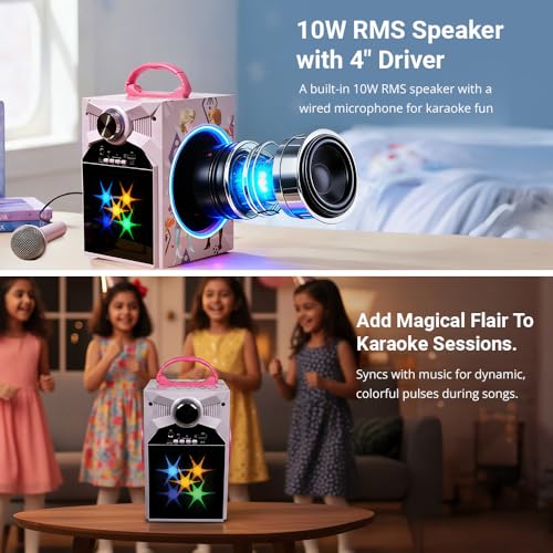 Image of Disney Frozen Kids Karaoke Bluetooth Speaker with Wired Microphone | 10W RMS Powerful Sound | RGB LED Party Lights | FM, USB, Micro SD & AUX | 4H Playtime | Perfect for Boys & Girls, Ages 5-16