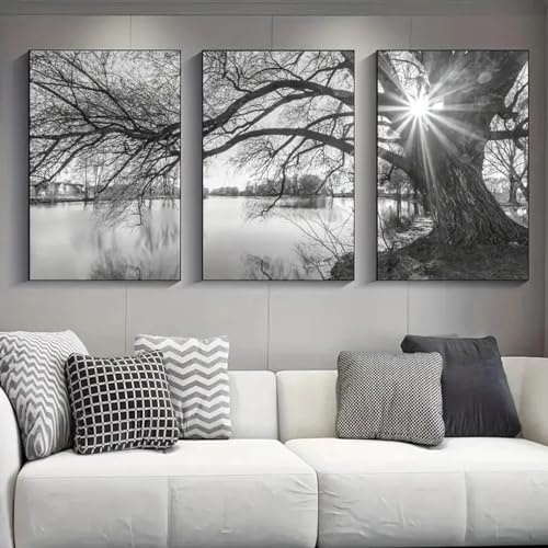 Affiches de paysage lac et grand arbre triptyque 80x110 cm sans cadre pour salon