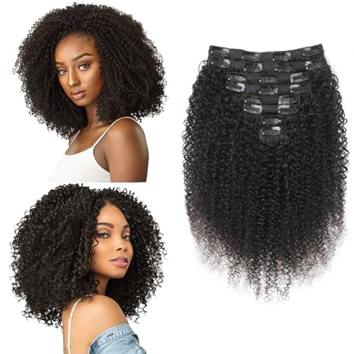 Kinky Curly Extensiones de Pelo Natural - 8 Piezas 120g - Clip in Extensiones de Cabello Humano Invisibles - Negro Natural para Mujeres Negras - 20 Pulgadas - 18 Clips