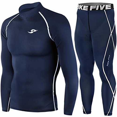 JustOneStyle Skin Tight Compression Base Layer Long Sleeve Under Shirt & Pants Navy Set