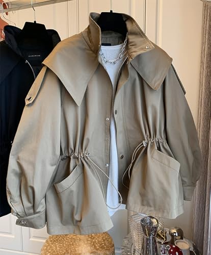 Womens Trench Coat Stand Collar Drawstring Waist Long Sleeve Zip Up Hooded Jacket with Pockets3