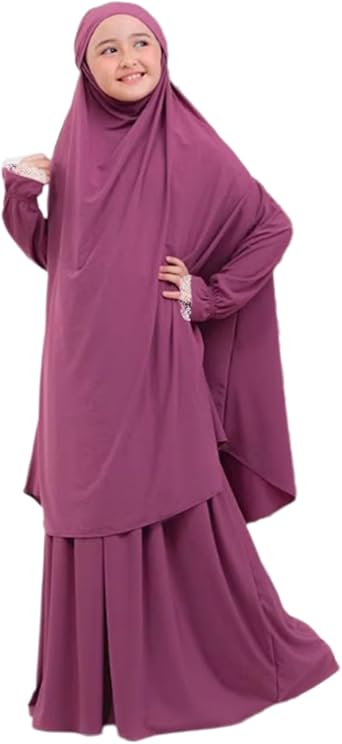 Kids Girls Muslim Islamic Two-piece Outfits Lace Long Sleeve Hijab Dress Abaya and Loose Skirt Full Cover Kaftan