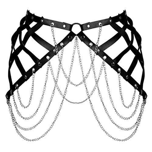 Women's Body Harness Belt Mardi Gras PU Leather Punk Gothic Metal Chain Belt Dance Halloween Costume Accessories